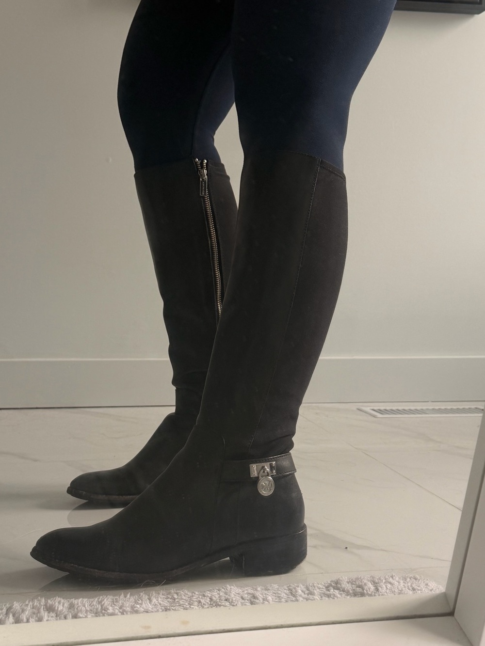 Michael Kors Black Knee-High Suede Riding Boots with Logo Charm